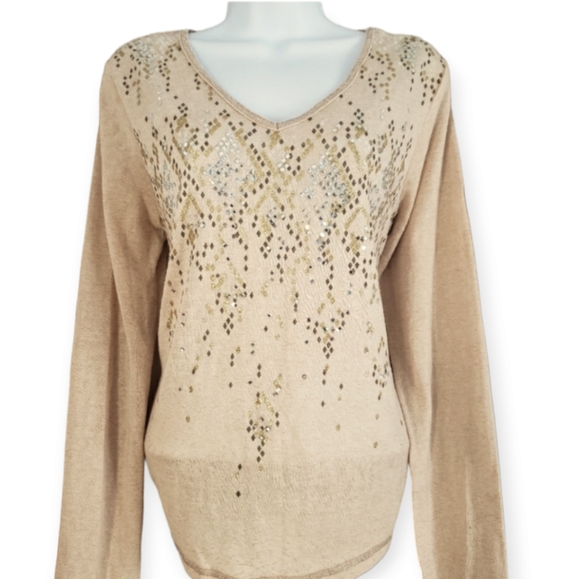 NWOT Miss Me tan sequined metallic lacy back sweater top Womens Medium - Picture 1 of 7